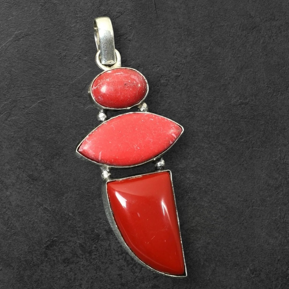 Artisan Handcrafted RED CORAL Three-Stone Silver Pendant 4330 - Picture 3 of 15